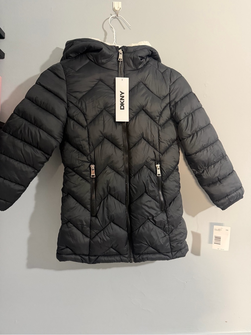 DKNY Kids Black Hooded Chevron Puffer Coat